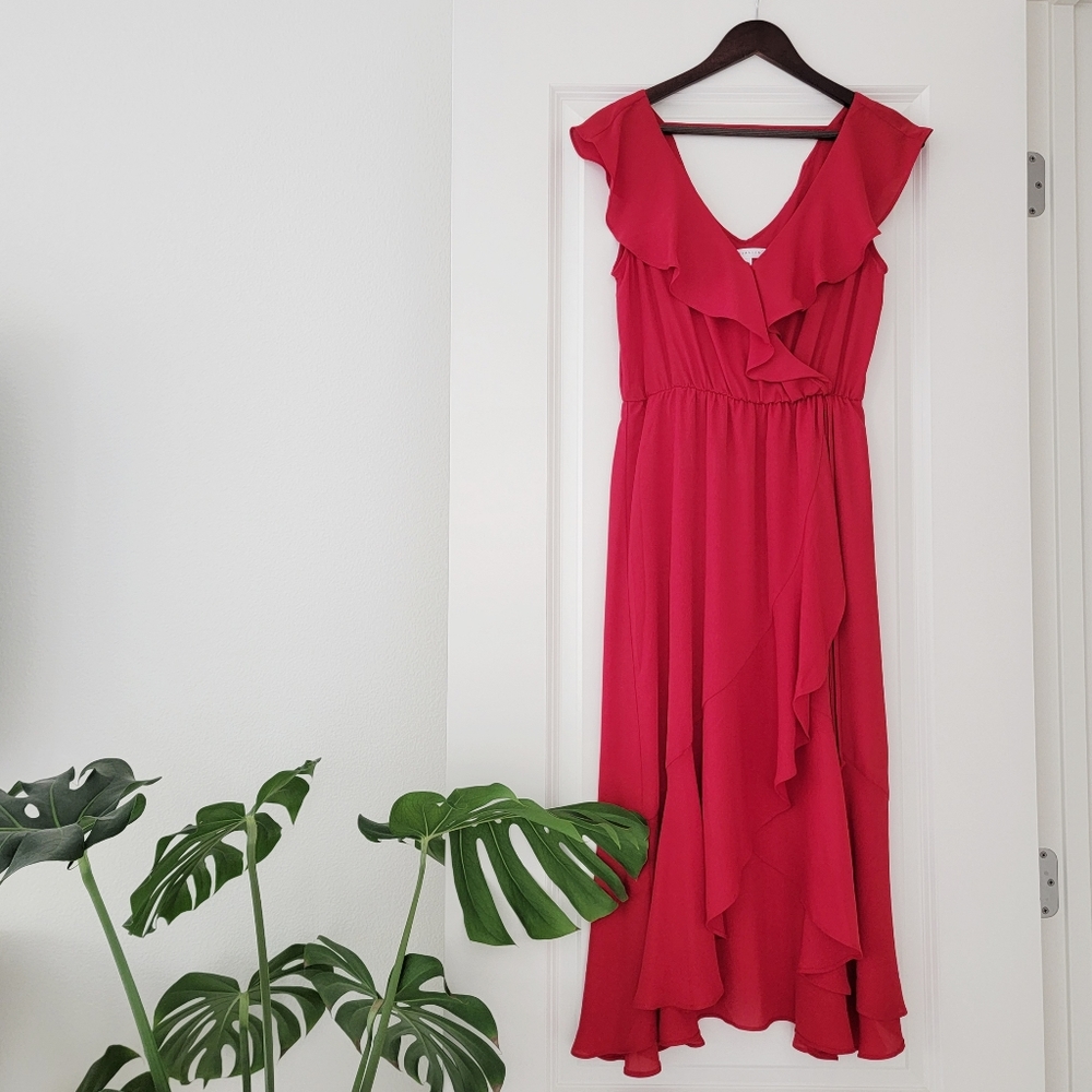 NWT Socialite Ruffle High-Low Wrap-Style Midi Dress | Red | Size Small